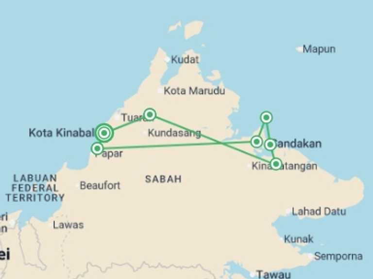 Map itinerary of Malaysia Tour in August 2026 with 7 destination visits for the trip: Borneo Family Holiday