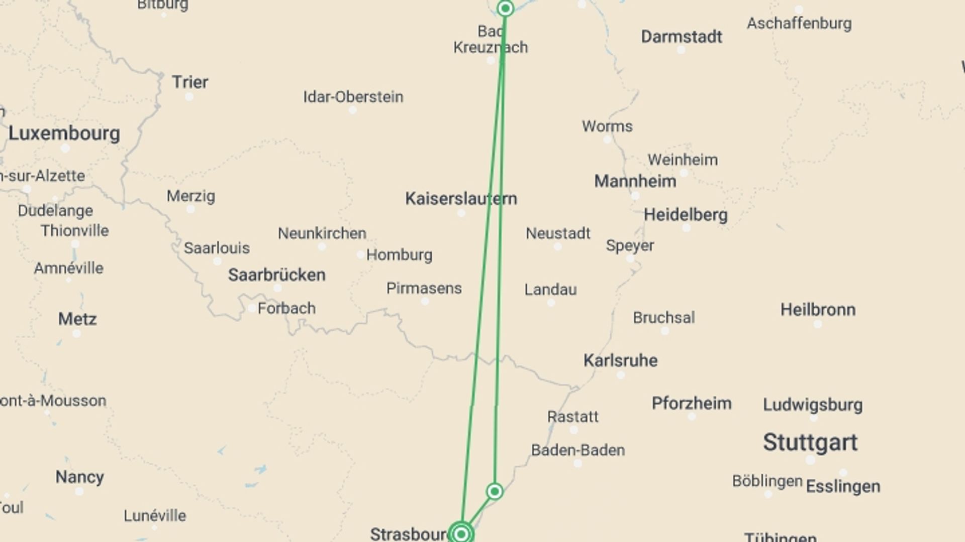 A map showing the tour itinerary for the trip: The Magic of Christmas: Savory delights and holiday traditions on a Rhine River cruise (port-to-port cruise), starting in Strasbourg, France and ending in Strasbourg, France going through 2 other destinations.