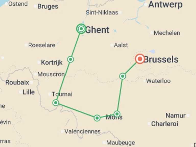 Map of Belgium Tour with 7 destination visits for the trip: Indulge in Art, Heritage, and Flavors on a Cruise along Belgian Canals (port-to-port cruise)