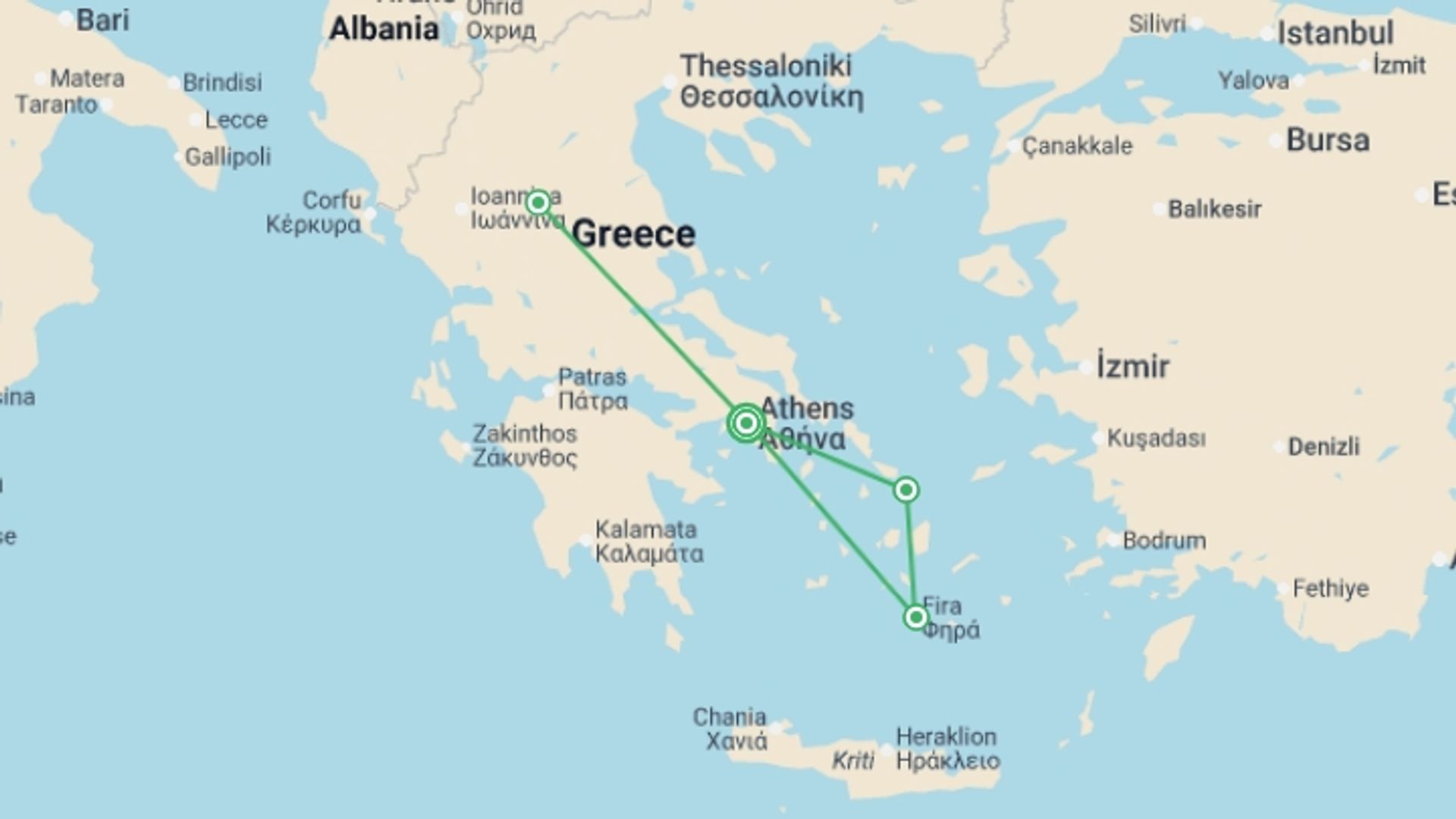A map showing the tour itinerary for the trip: Greece and Island Stay, starting in Athens, Greece and ending in Athens, Greece going through 3 other destinations.