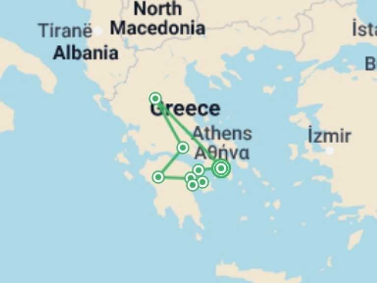 Map of a Art and architecture Tour with 4 destination visits for the trip: Classical Greece