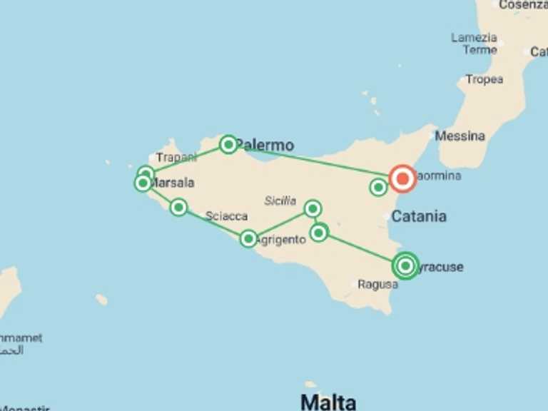 Map itinerary of Italy Tour in Summer with 12 destination visits for the trip: Ancient Sicily