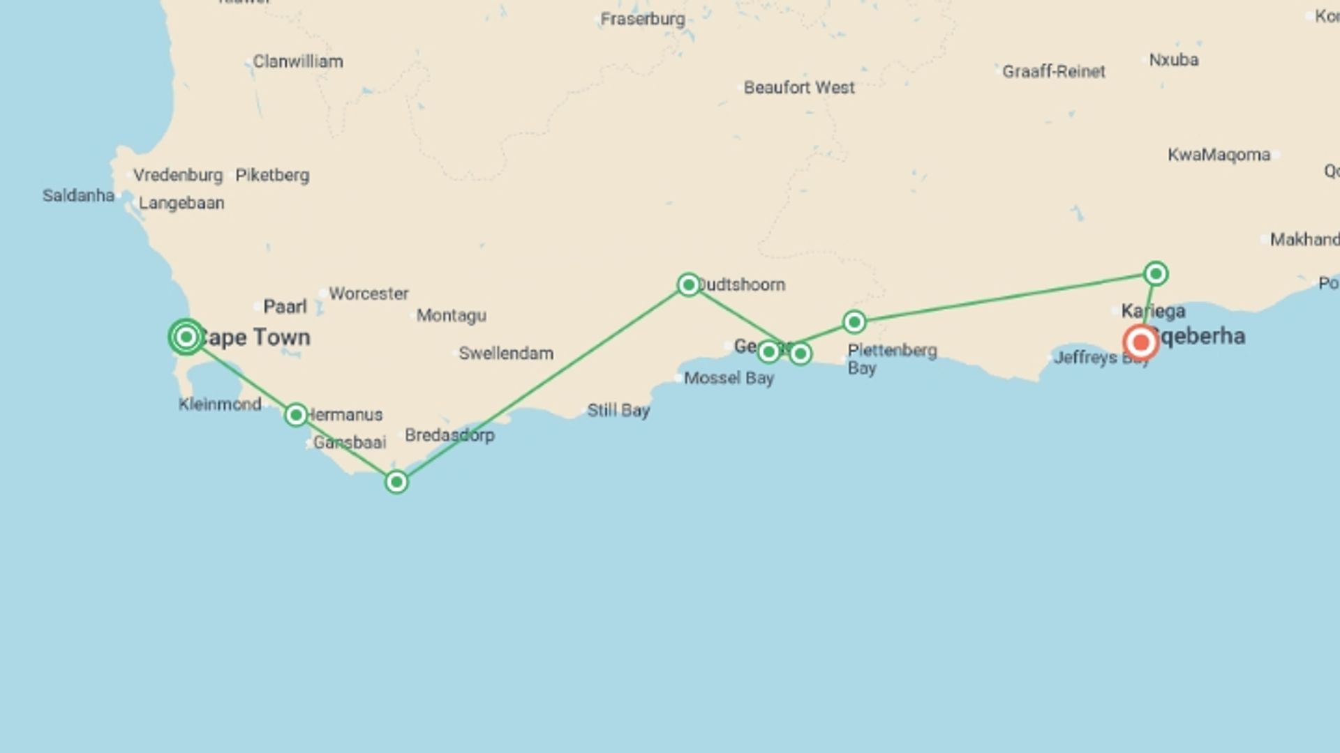 A map showing the tour itinerary for the trip: Cape Town, Garden Route & Addo Adventure 10D/9N, starting in Cape Town, South Africa and ending in Port Elizabeth, South Africa going through 4 other destinations.