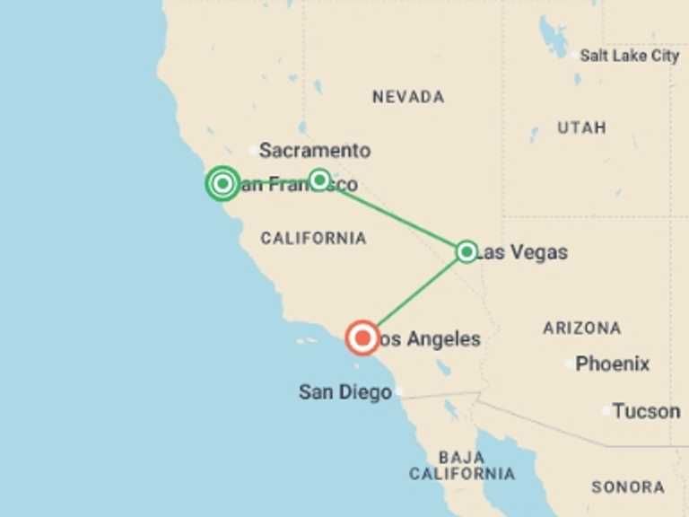 Map of San Francisco Natural landmarks sightseeing Tour with 4 destination visits for the trip: Cali Coast & Yosemite From San Fran - 4 days