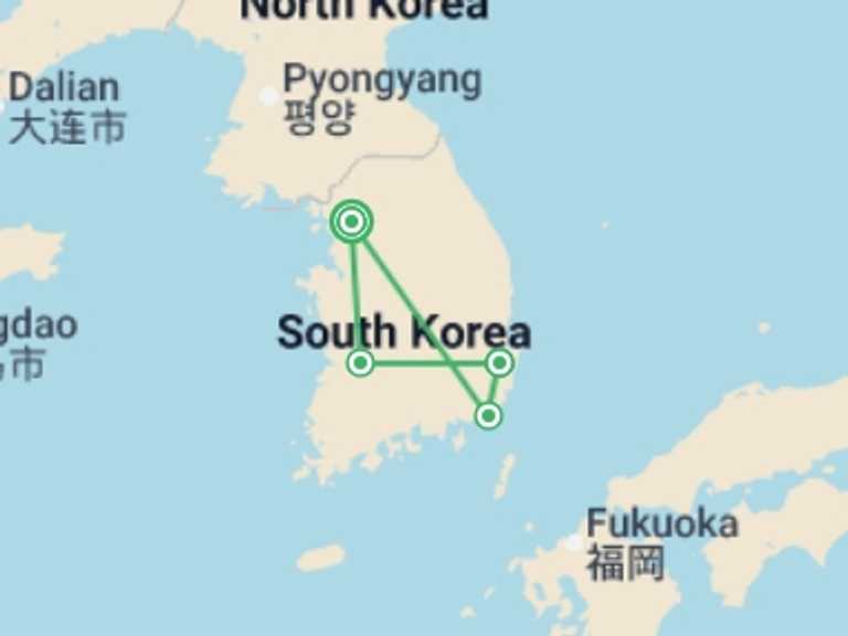 Map itinerary of Asia Tour in July 2026 with 4 destination visits for the trip: South Korea Real Food Adventure