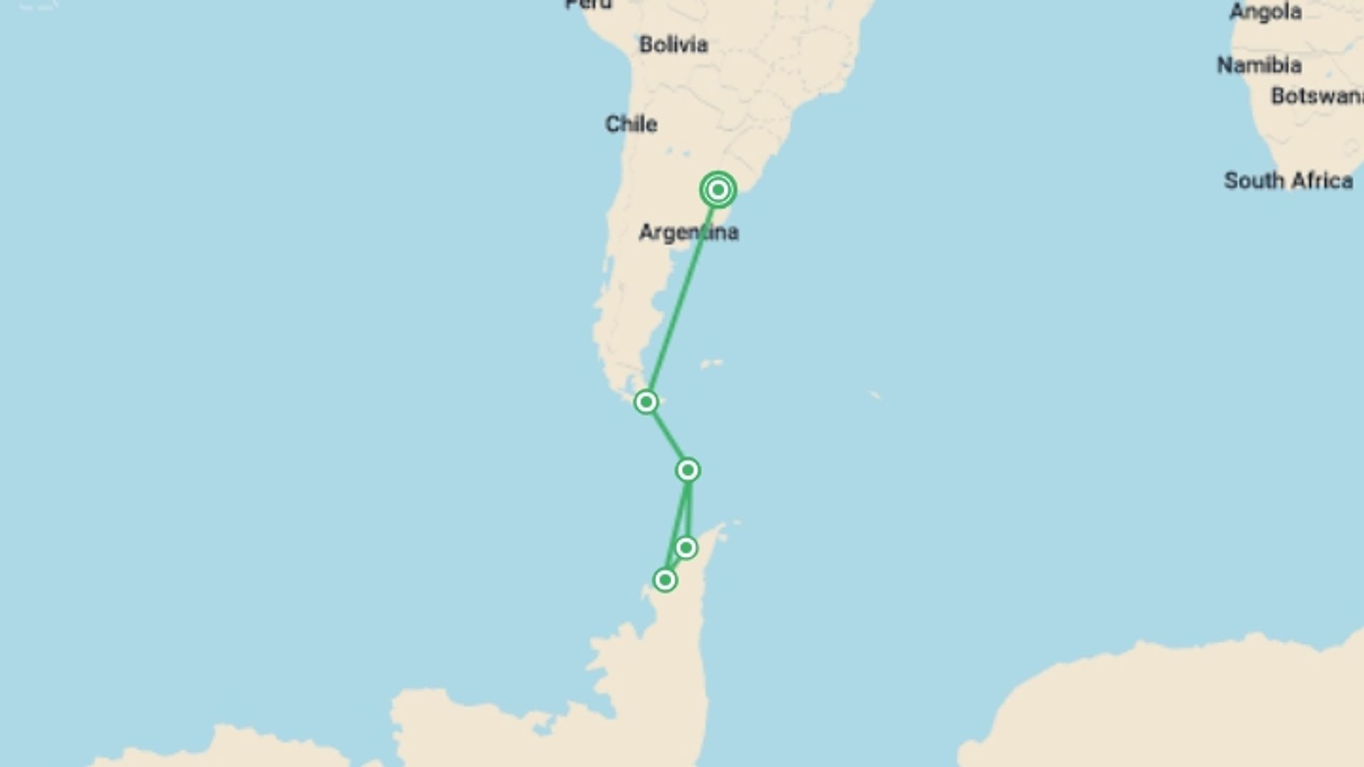 A map showing the tour itinerary for the trip: Antarctica by Helicopter: Crossing the Circle and the Peninsula, starting in Buenos Aires, Argentina and ending in Buenos Aires, Argentina going through 4 other destinations.