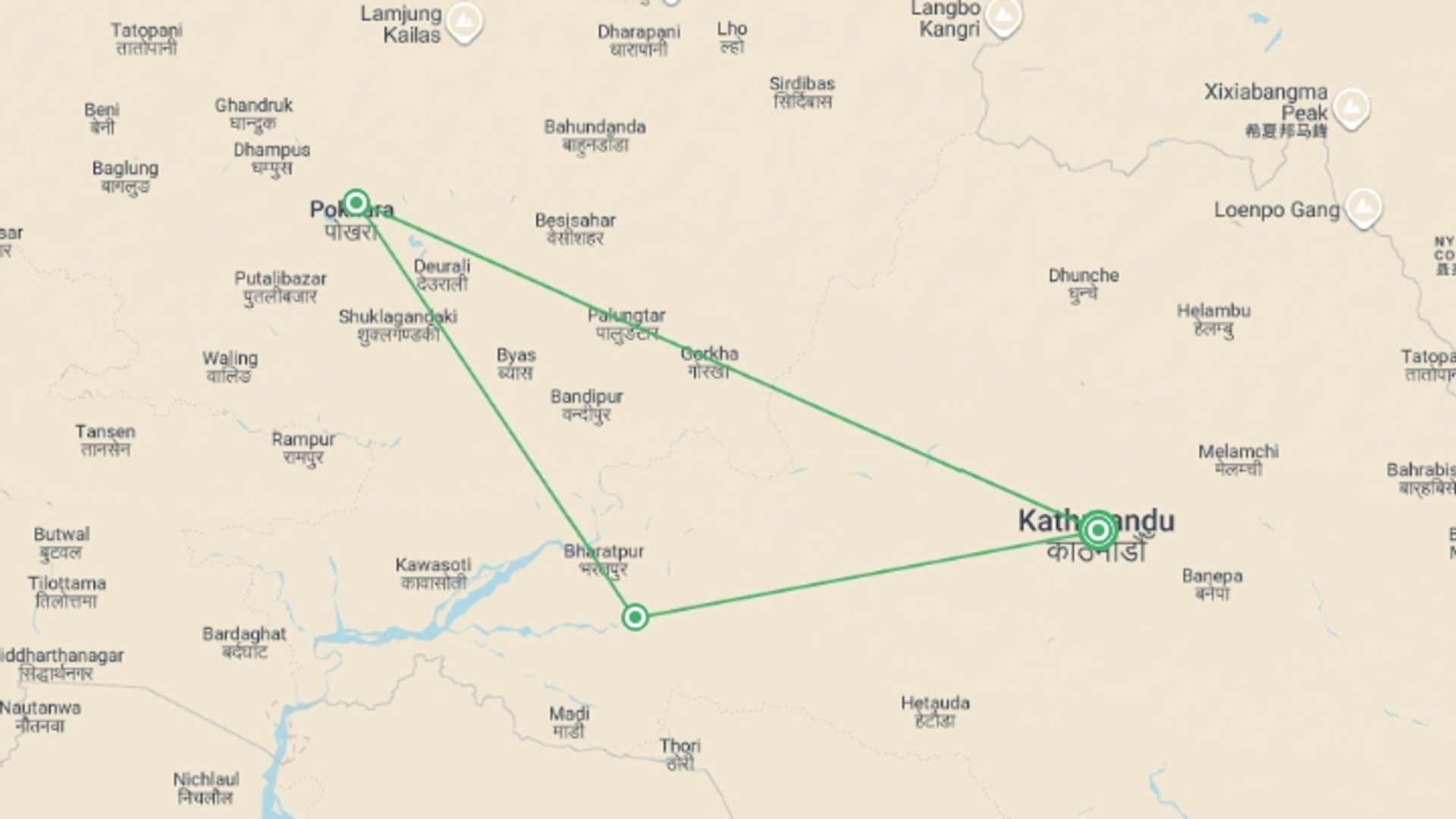 A map showing the tour itinerary for the trip: Nepal Classic Luxury Tour, starting in Kathmandu, Nepal and ending in Kathmandu, Nepal going through 2 other destinations.