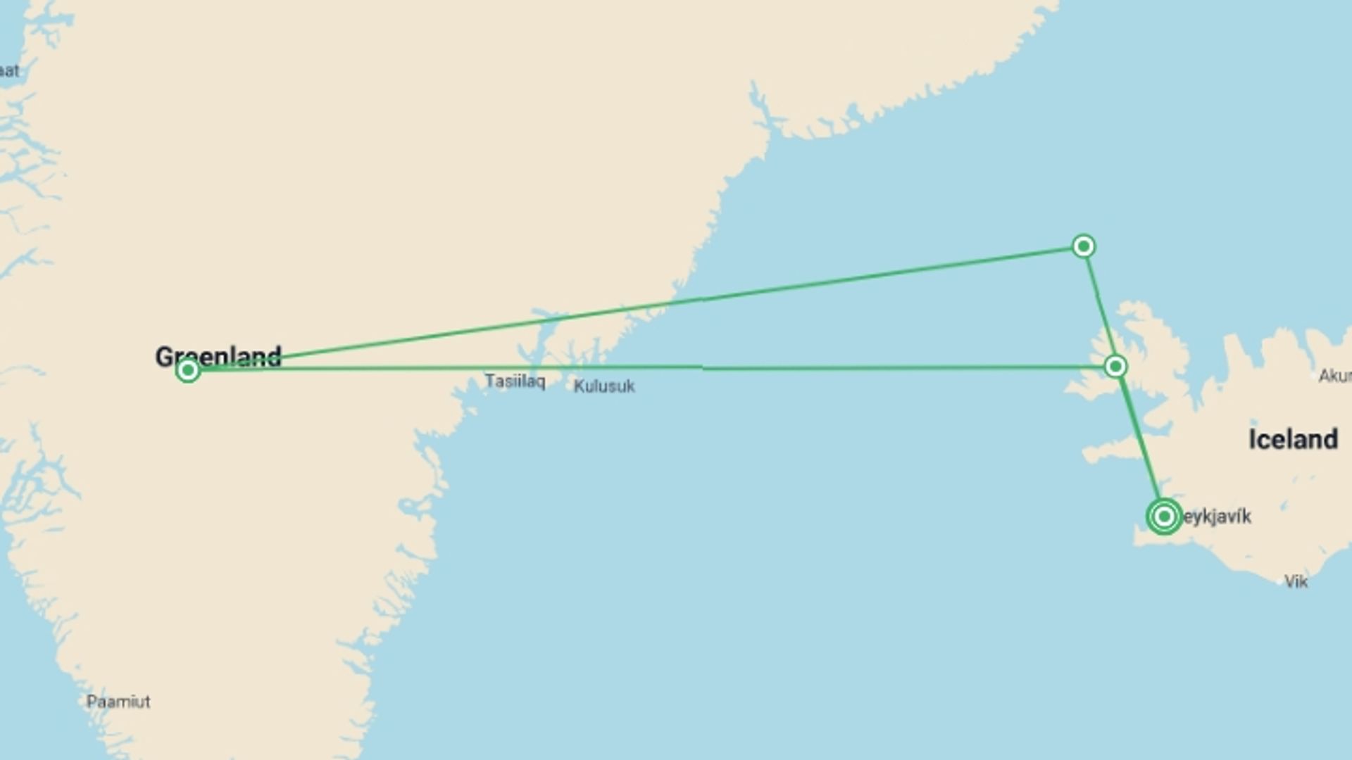 A map showing the tour itinerary for the trip: Iceland & East Greenland : Through the Lens - M/V Sylvia Earle, starting in Reykjavik, Iceland and ending in Reykjavik, Iceland going through 3 other destinations.
