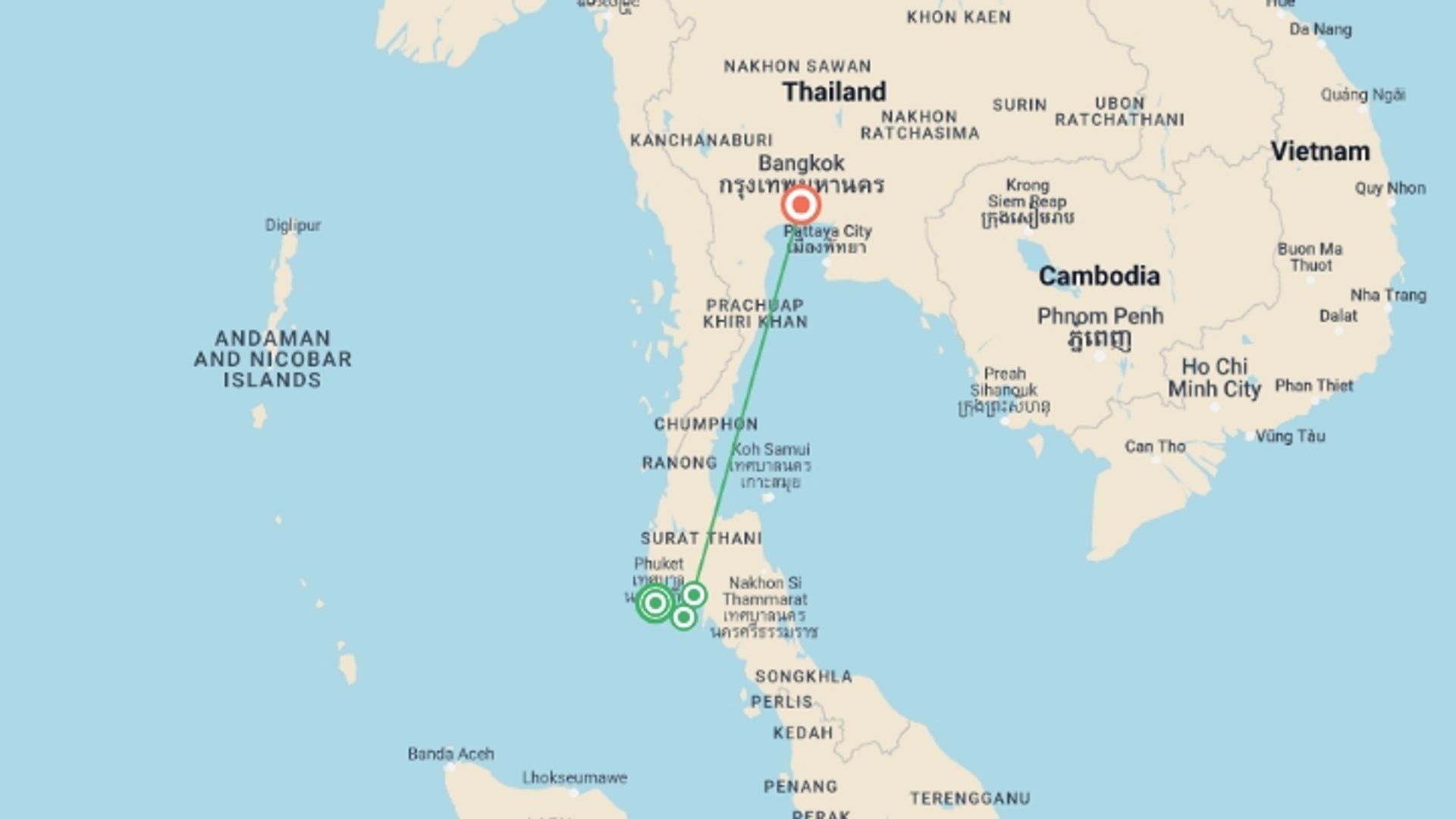 A map showing the tour itinerary for the trip: Bangkok with the Islands of Thailand, starting in Phuket, Thailand and ending in Bangkok, Thailand going through 2 other destinations.