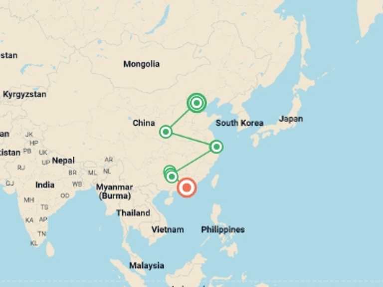 Map of Guilin Tour with 5 destination visits for the trip: Beijing to Guilin and Hong Kong - 13 days