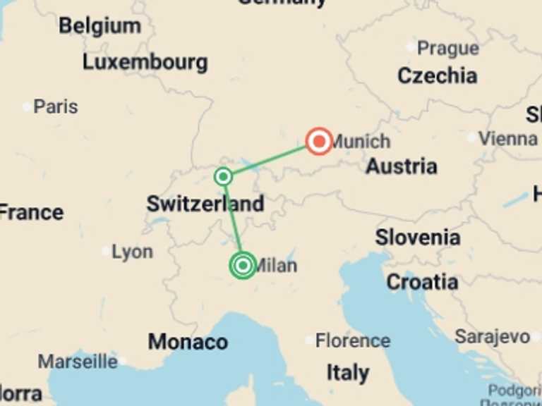 Map of Europe Tour with 3 destination visits for the trip: The Great Alpine Crossing By Rail