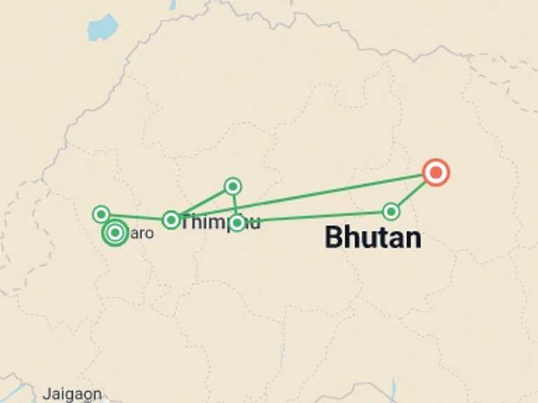 Map of South Asia Cultural, religious and historic sites Tour with 5 destination visits for the trip: Central Bhutan Premium Small Group Tour