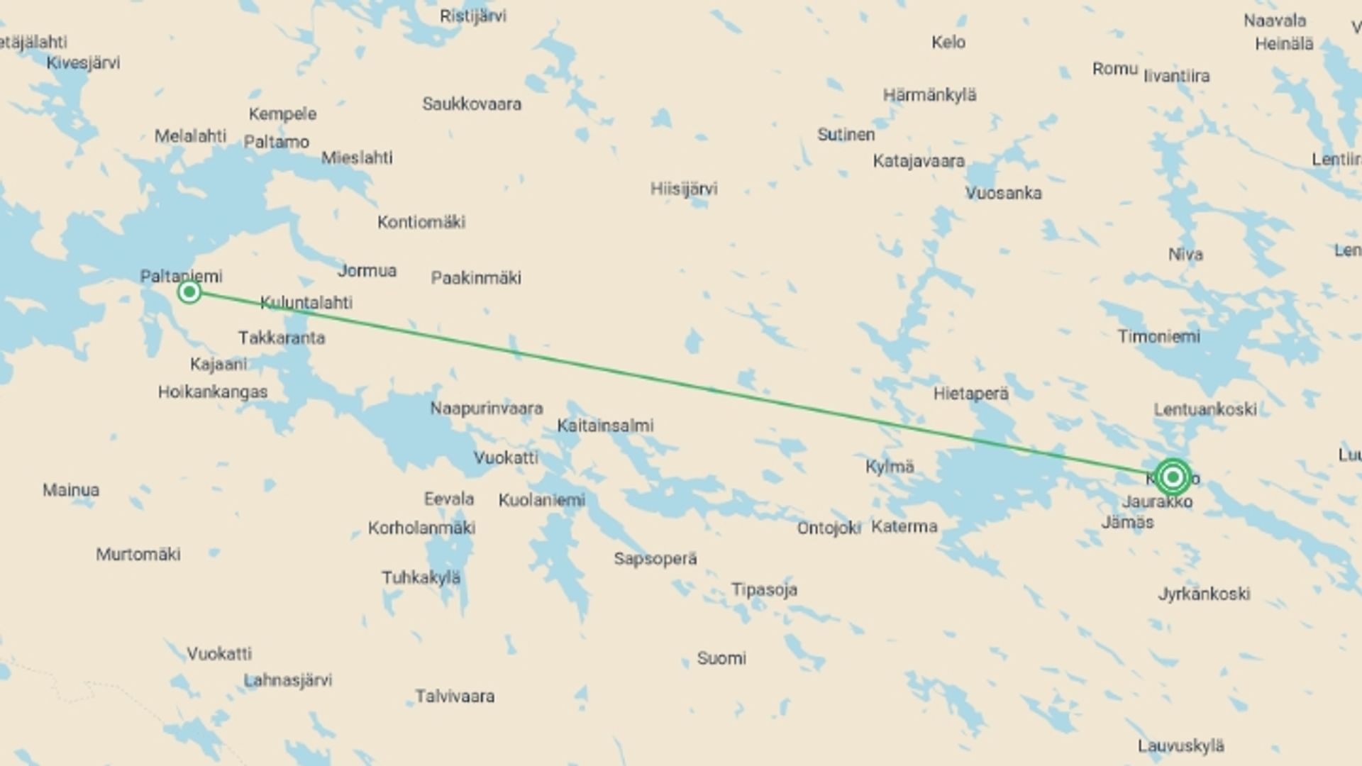 A map showing the tour itinerary for the trip: New Year's in Finland - 7 Days, starting in Kuhmo, Finland and ending in Kuhmo, Finland going through 2 other destinations.