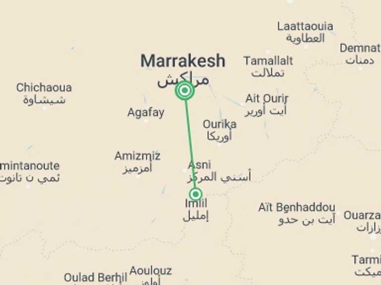 Map of Marrakech Walking Tour with 2 destination visits for the trip: Toubkal Climb - Long Weekend