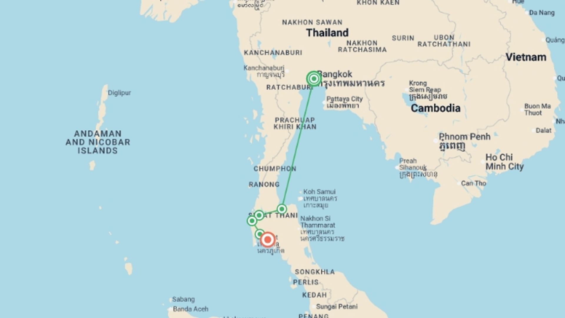 A map showing the tour itinerary for the trip: Cycle Southern Thailand, starting in Bangkok, Thailand and ending in Ao Nang, Thailand going through 4 other destinations.