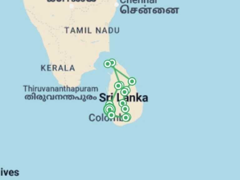 Map itinerary of Sri Lanka Tour in April 2027 with 14 destination visits for the trip: Complete Sri Lankan Cultural Tour 