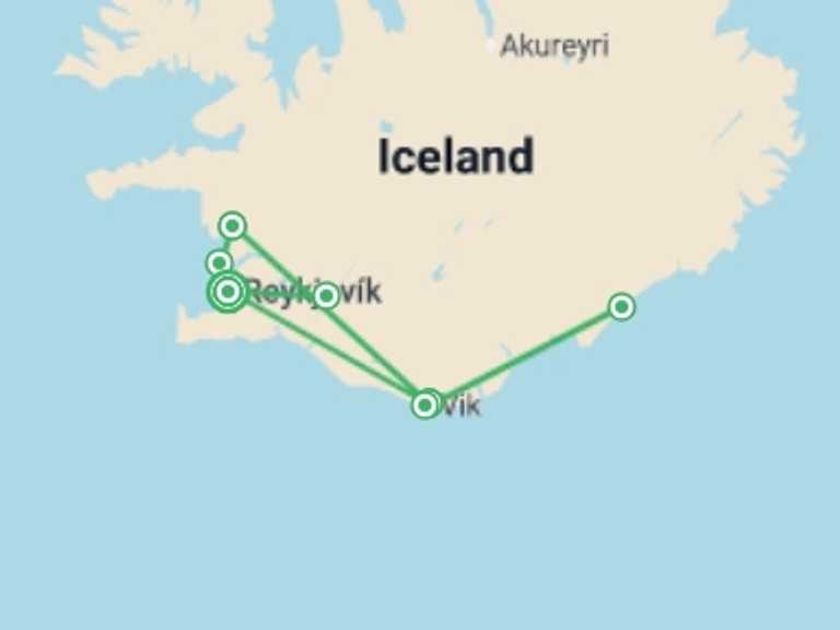 Map of Europe Tour with 3 destination visits for the trip: Iceland’s Midnight Sun: Glaciers, Geysers, and the Golden Circle 