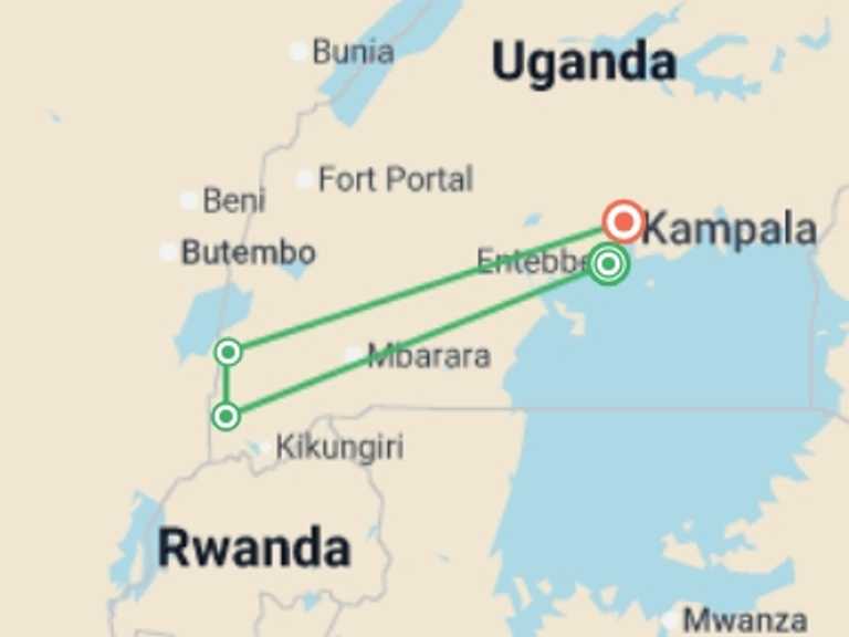 Map of Uganda Wildlife Tour with 4 destination visits for the trip: Uganda Gorilla & Lake Safari 5D/4N