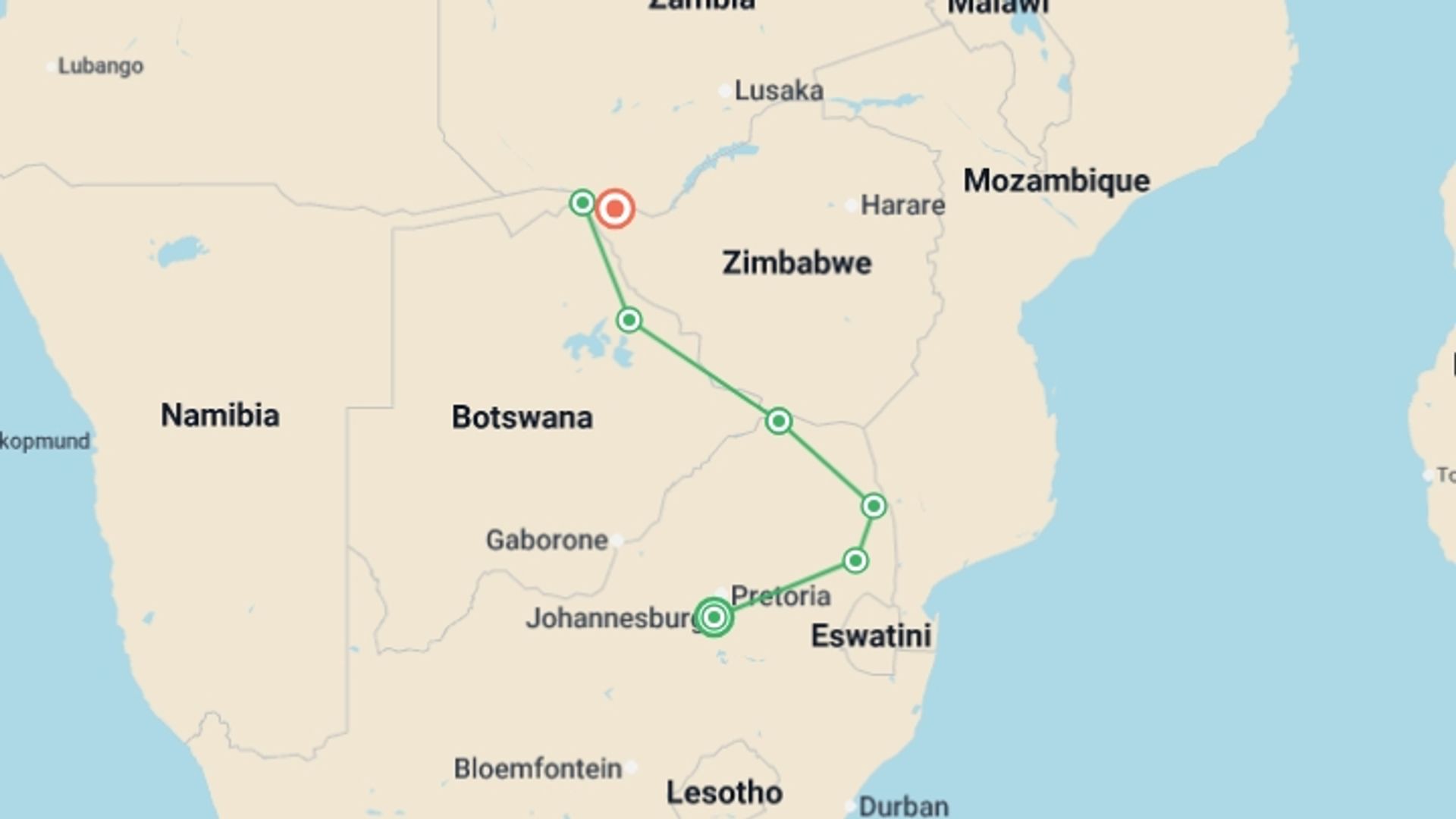 A map showing the tour itinerary for the trip: Joburg to Victoria Falls - 12 Days, starting in Johannesburg, South Africa and ending in Victoria Falls, Zimbabwe going through 5 other destinations.