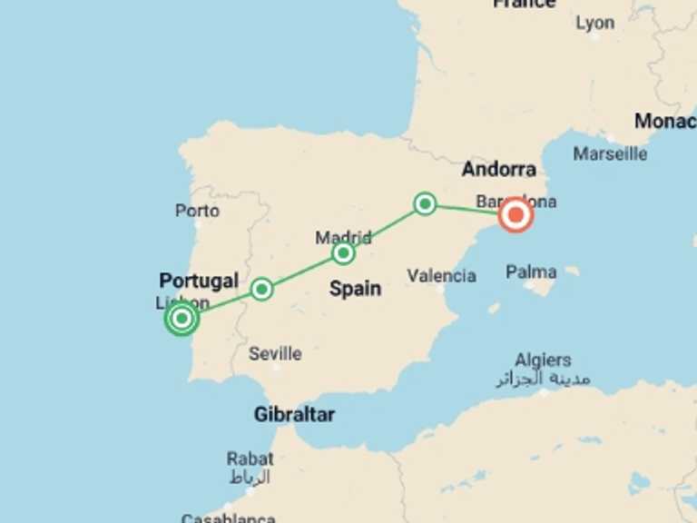 Map itinerary of Lisbon Tour in December 2025 with 3 destination visits for the trip: Lisbon, Madrid and Barcelona