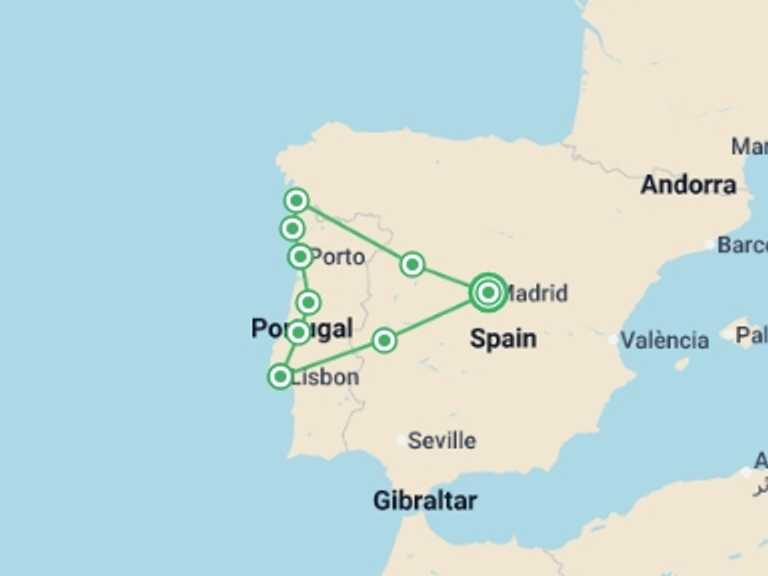 Map of Europe Tour with 5 destination visits for the trip: Castilla & Portugal Explorer - 7 days
