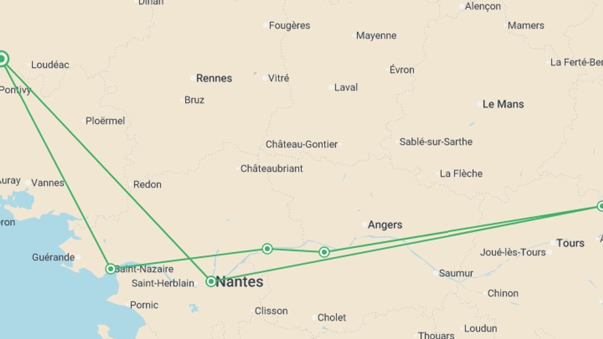 A map showing the tour itinerary for the trip: The Loire Valley, a Royal legacy (port-to-port cruise), starting in Brittany, France and ending in Brittany, France going through 4 other destinations.