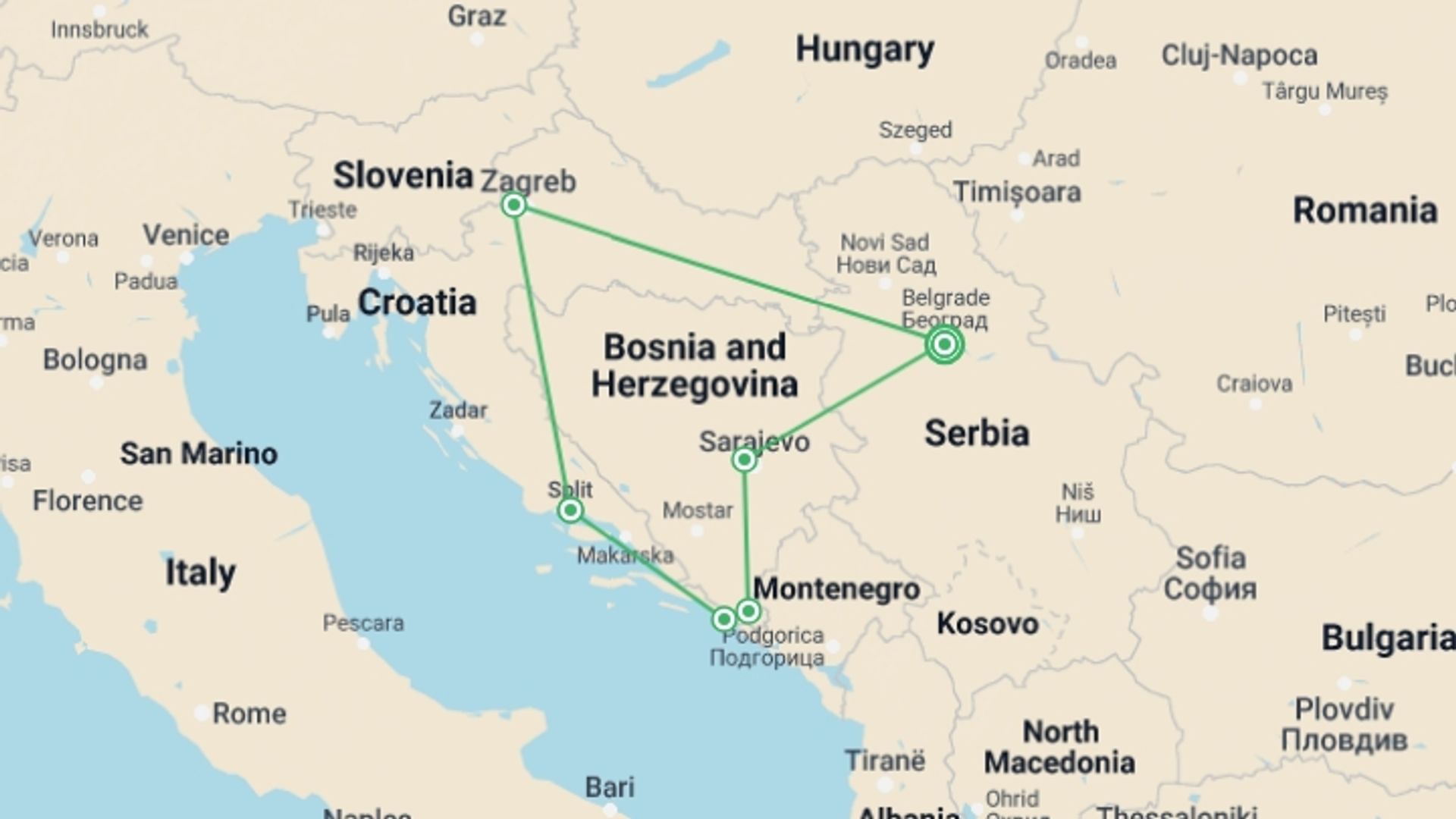 A map showing the tour itinerary for the trip: Balkan Revealed: 4 countries in 10 days, starting in Belgrade, Serbia and ending in Belgrade, Serbia going through 9 other destinations.