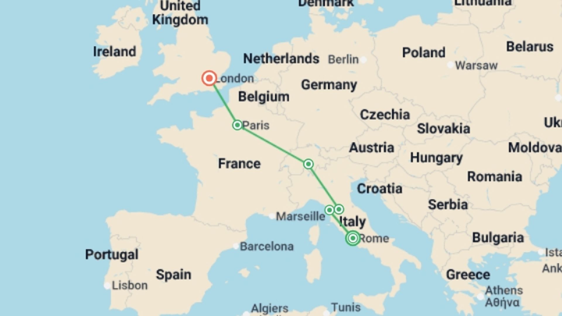 A map showing the tour itinerary for the trip: Rome to London Trail, starting in Rome, Italy and ending in London, England going through 3 other destinations.