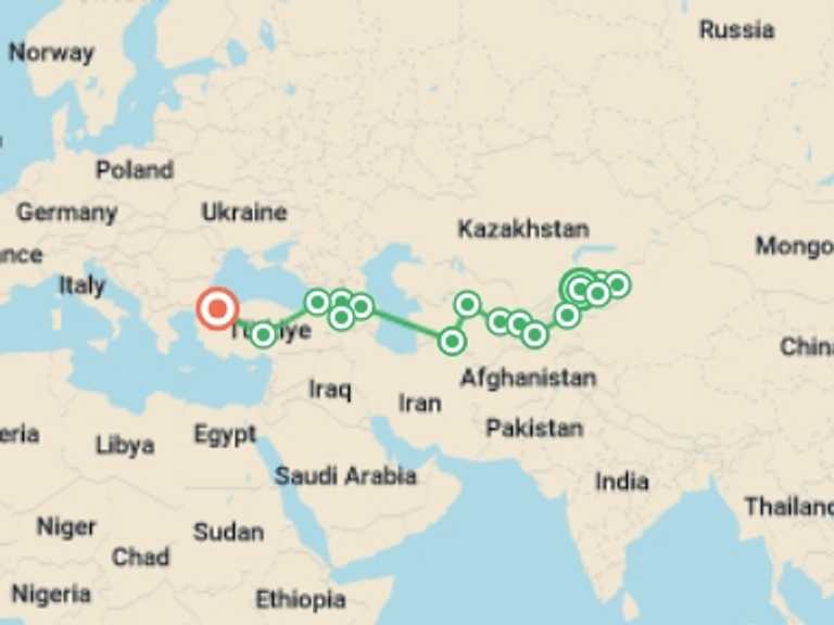 Map itinerary of Balkans Tour in Summer with 15 destination visits for the trip: Bishkek To Istanbul (83 days)