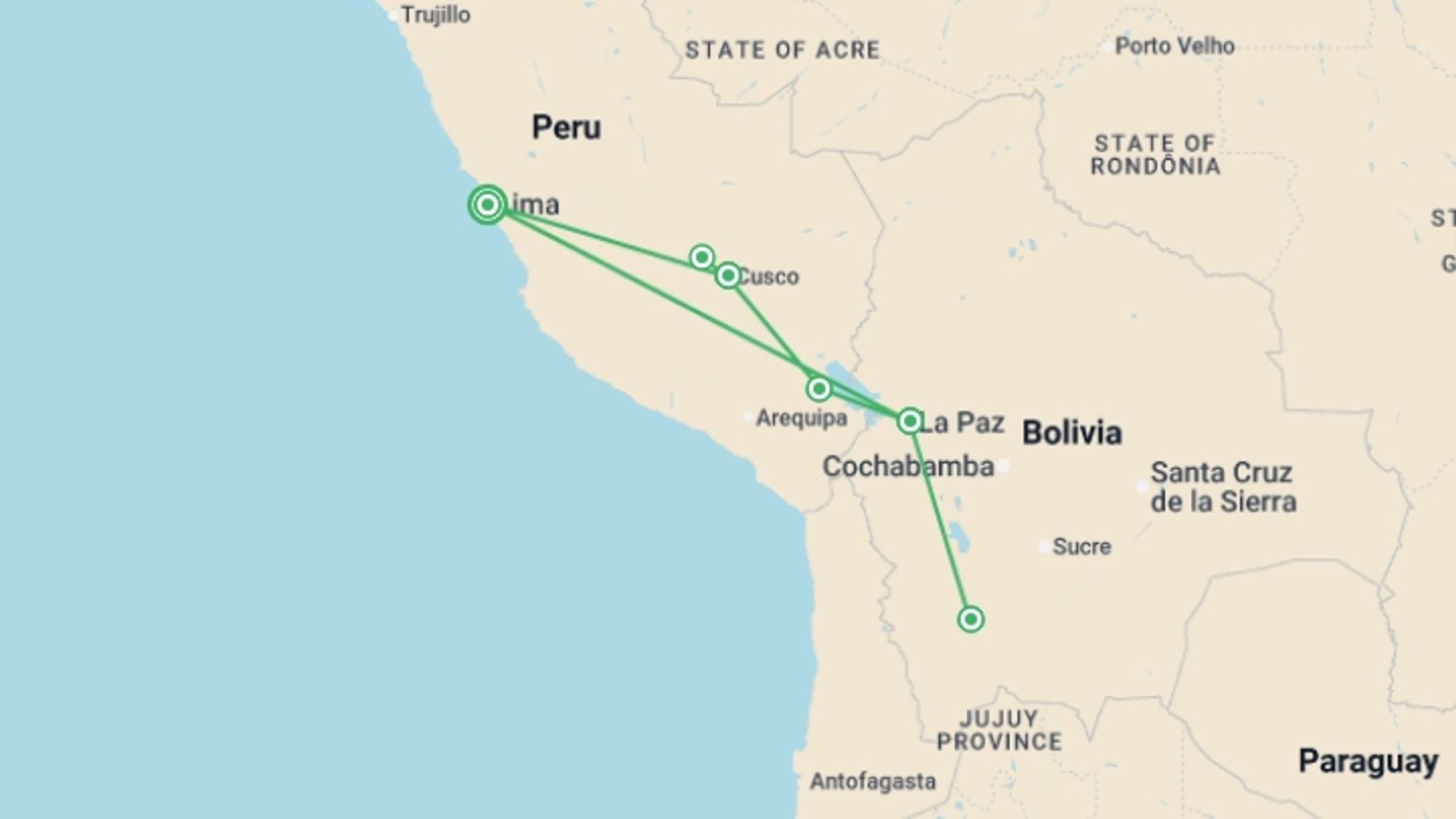 A map showing the tour itinerary for the trip: Peru and Bolivia Adventure, starting in Lima, Peru and ending in Lima, Peru going through 5 other destinations.
