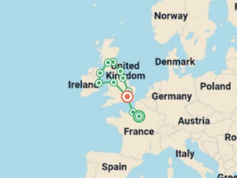 Map itinerary of Dublin Tour in July 2026 with 8 destination visits for the trip: Atlantic Europe