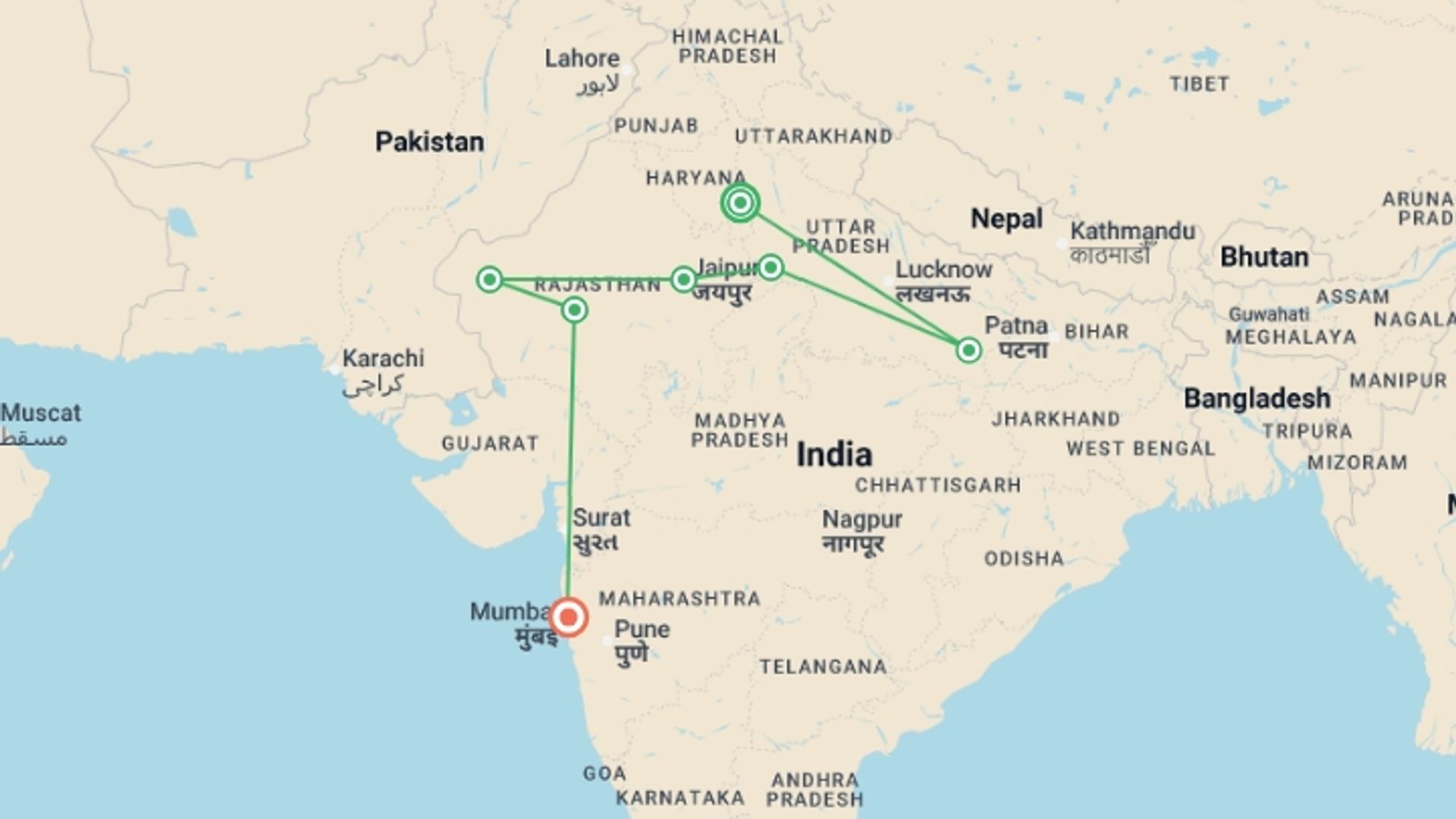 A map showing the tour itinerary for the trip: India Northern Group Exploration 14D/13N, starting in New Delhi, India and ending in Mumbai, India going through 5 other destinations.