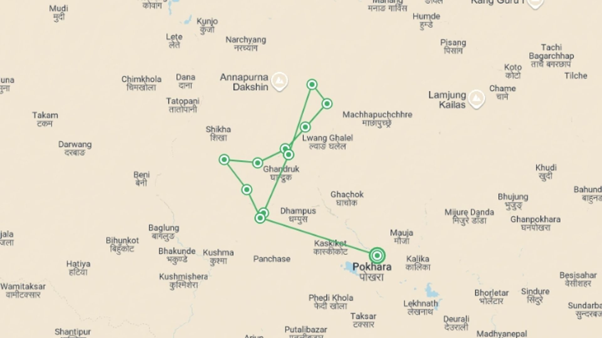 A map showing the tour itinerary for the trip: Annapurna Base Camp Trek 10D/9N (from Pokhara), starting in Pokhara, Nepal and ending in Pokhara, Nepal going through 8 other destinations.
