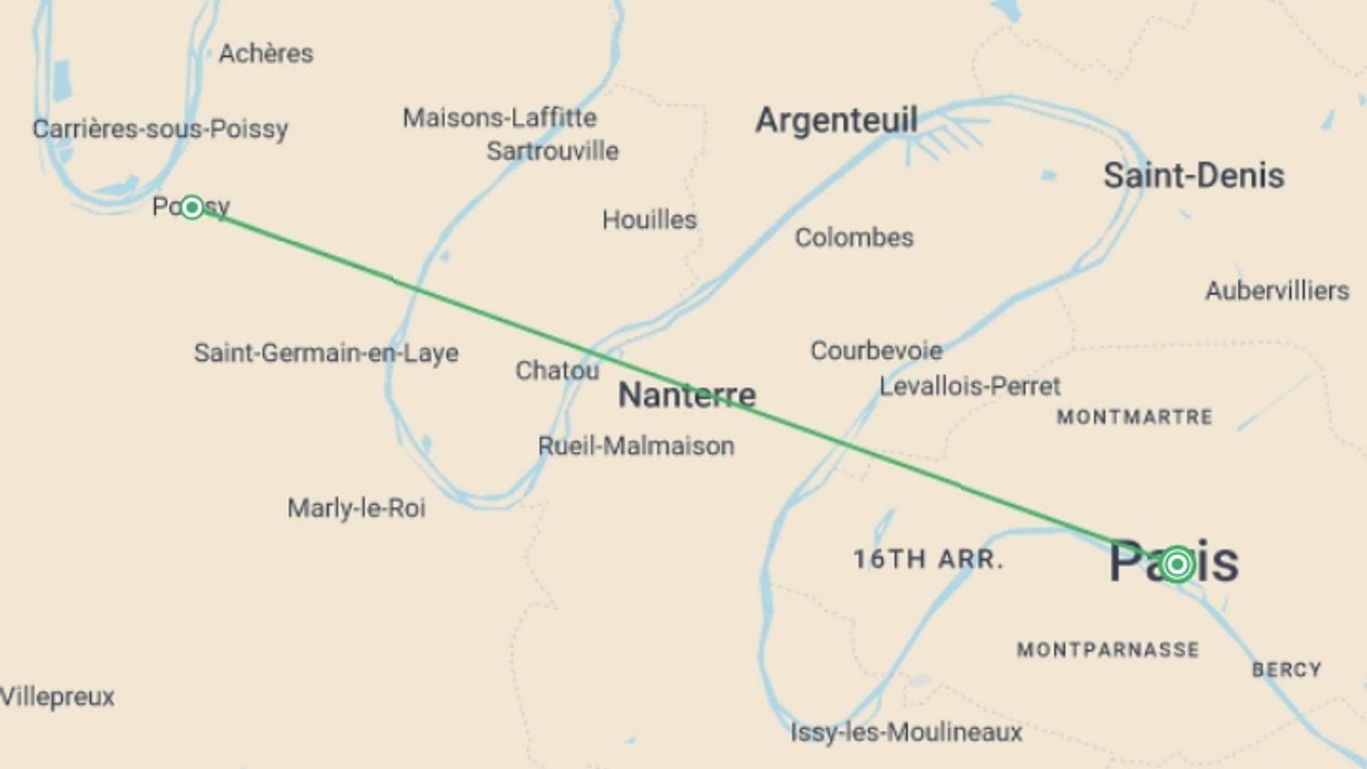 A map showing the tour itinerary for the trip: Festive Weekend on the Seine River (port-to-port cruise), starting in Paris, France and ending in Paris, France going through 1 other destinations.