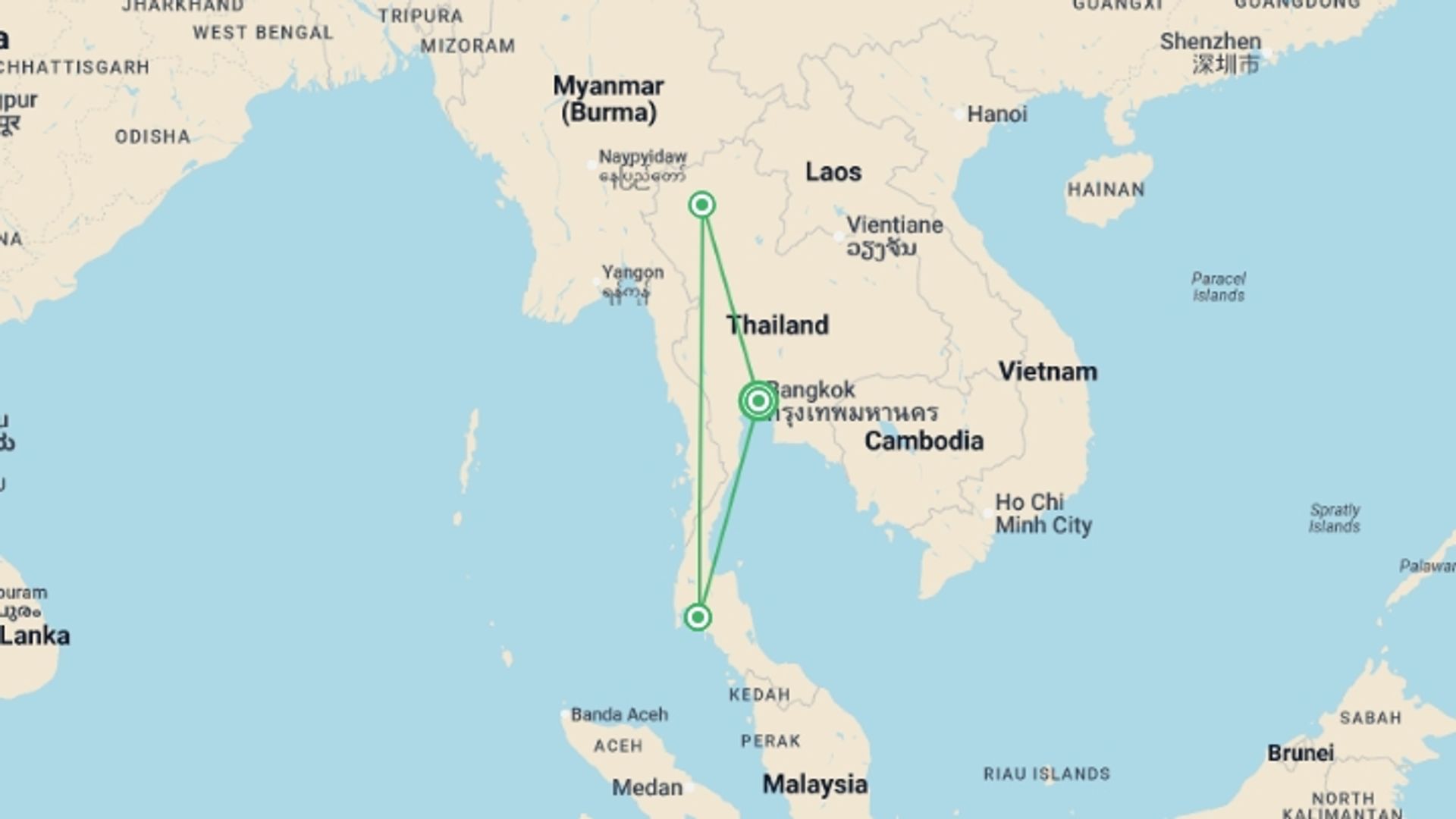 A map showing the tour itinerary for the trip: Bangkok Basics, Chiang Mai City Package & Krabi Beach Package, Small Group Tour, starting in Bangkok, Thailand and ending in Bangkok, Thailand going through 2 other destinations.