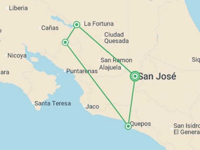 Map itinerary of Costa Rica Tour in April 2026 with 4 destination visits for the trip: Highlights of Costa Rica