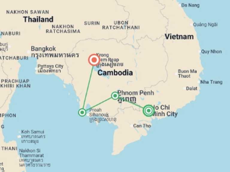 Map of Asia Tour with 4 destination visits for the trip: One Week in Cambodia