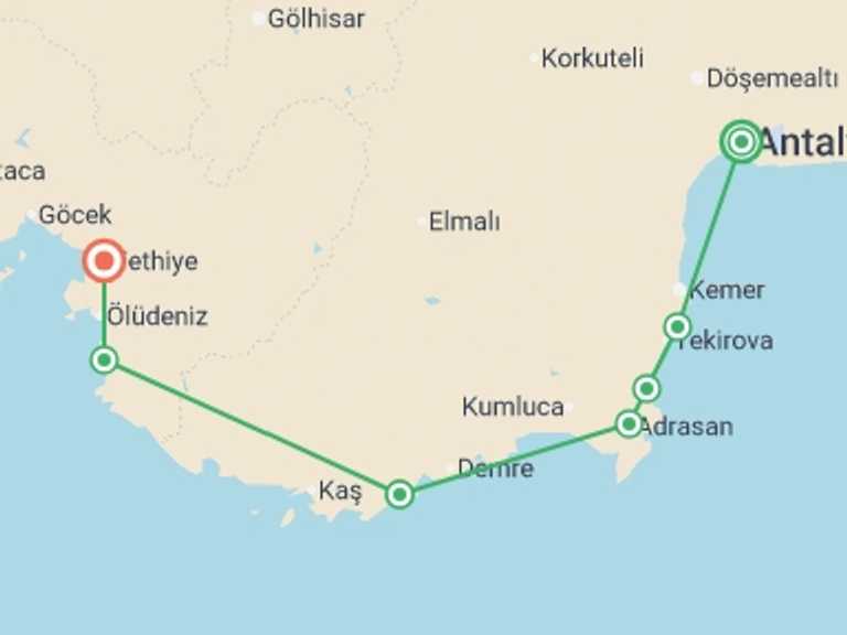Map itinerary of Fethiye Tour in May 2026 with 8 destination visits for the trip: Walk the highlights of the Lycian Way