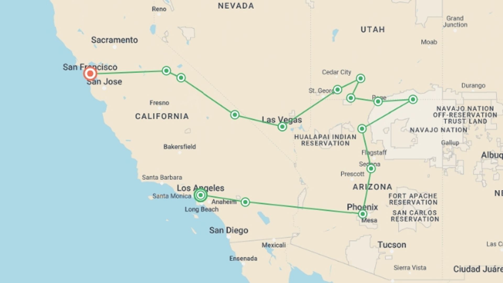 A map showing the tour itinerary for the trip: Splendors of the American West, starting in Los Angeles, USA and ending in San Francisco, USA going through 8 other destinations.