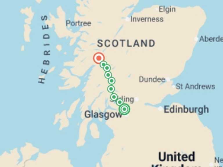 Map itinerary of Europe Tour in May 2026 with 9 destination visits for the trip: West Highland Way - 10 Days
