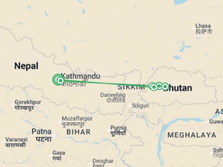 Map itinerary of Nepal Tour in December 2026 with 7 destination visits for the trip: Himalayan Kingdoms