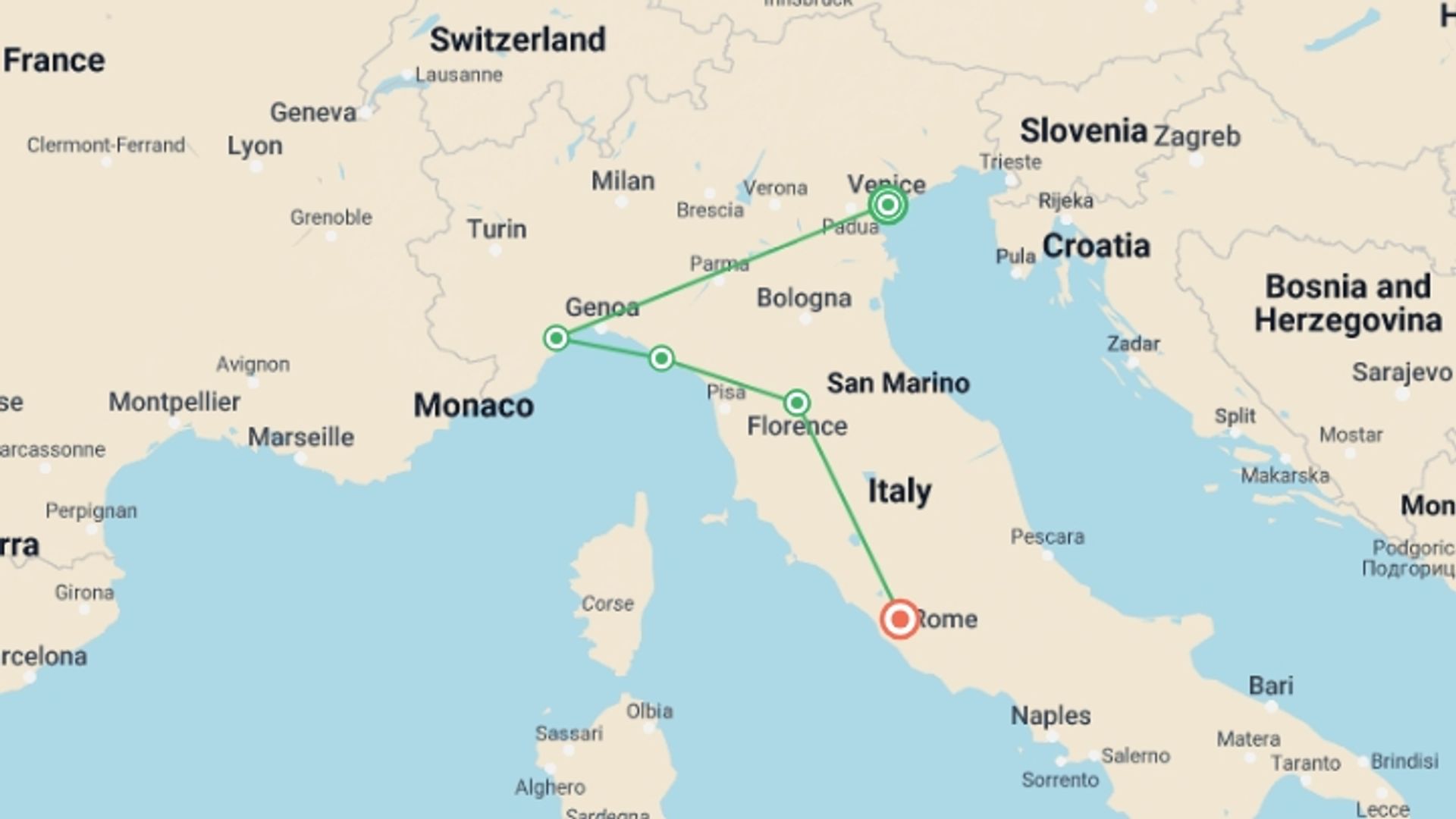 A map showing the tour itinerary for the trip: Highlights of Italy, starting in Venice, Italy and ending in Rome, Italy going through 3 other destinations.