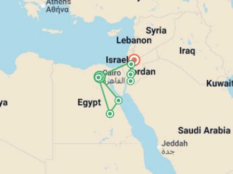 Map itinerary of Wadi Rum Tour in March 2027 with 8 destination visits for the trip: Temples, Tombs, Treasury - 14 days