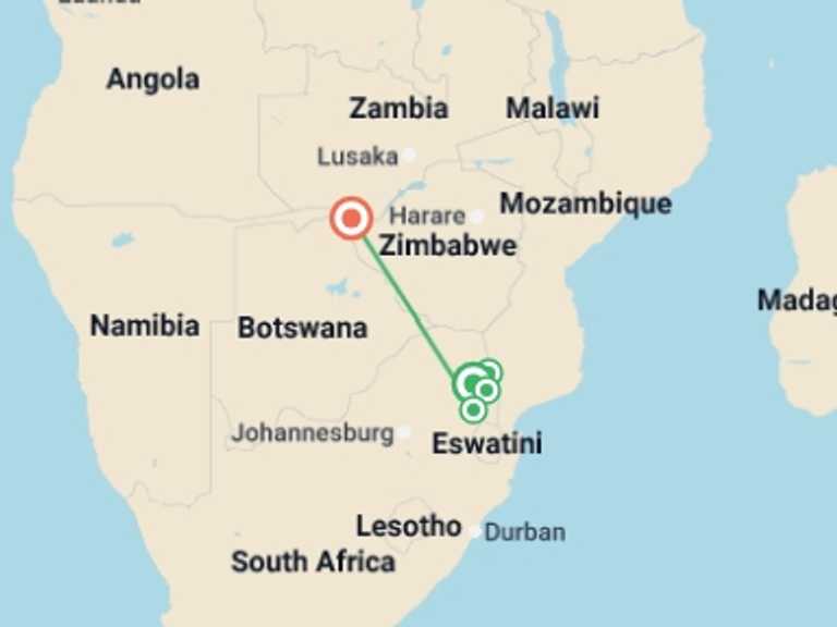 Map of 8-Day Victoria Falls Tour with 5 destination visits for the trip: Kruger Safari & Victoria Falls - 8 days