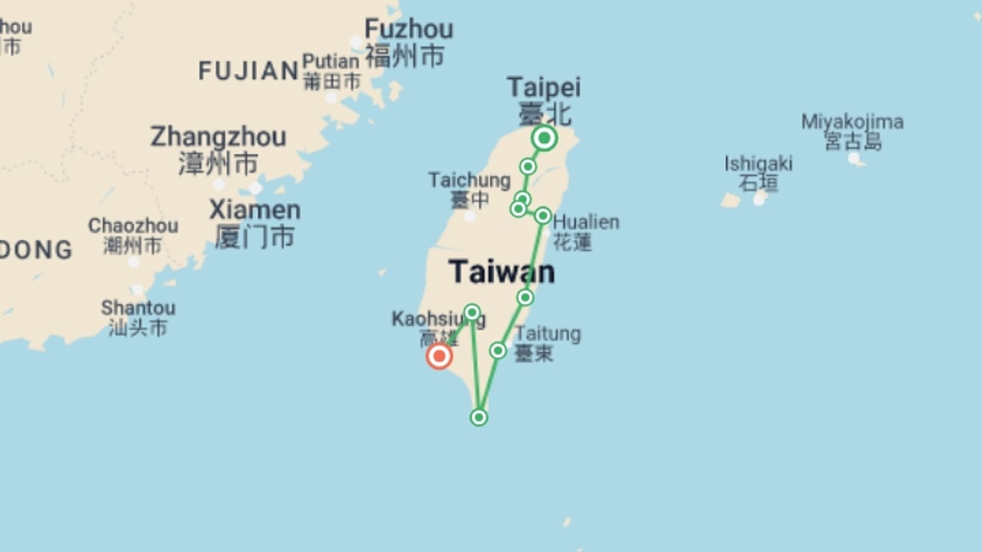 A map showing the tour itinerary for the trip: Taiwan Traverse by Road Bike, starting in Taipei, Taiwan and ending in Kaohsiung, Taiwan going through 8 other destinations.