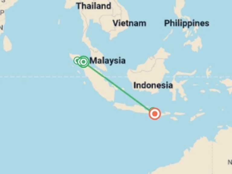 Map itinerary of Indonesia Tour in July 2027 with 9 destination visits for the trip: Sumatra to Nusa Lembongan: Wild Islands & Zen Beaches