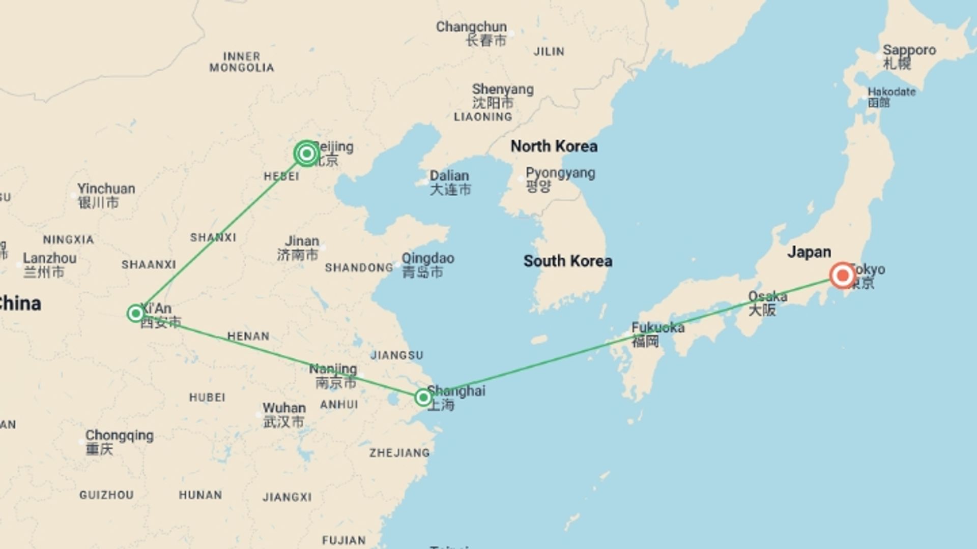 A map showing the tour itinerary for the trip: China & Japan Express (Superior) - 12 days, starting in Beijing, China and ending in Tokyo, Japan going through 2 other destinations.
