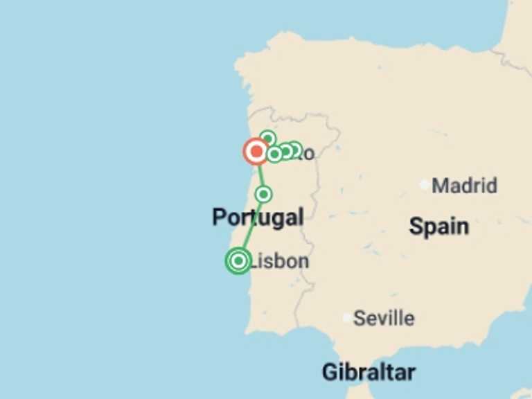 Map of Europe Tour with 4 destination visits for the trip: Discover Lisbon, Porto and the Douro Valley (port-to-port cruise)