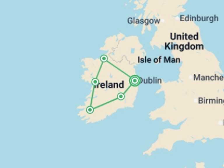 Map itinerary of Ireland Tour in September 2026 with 5 destination visits for the trip: Enchanting Ireland - Premium