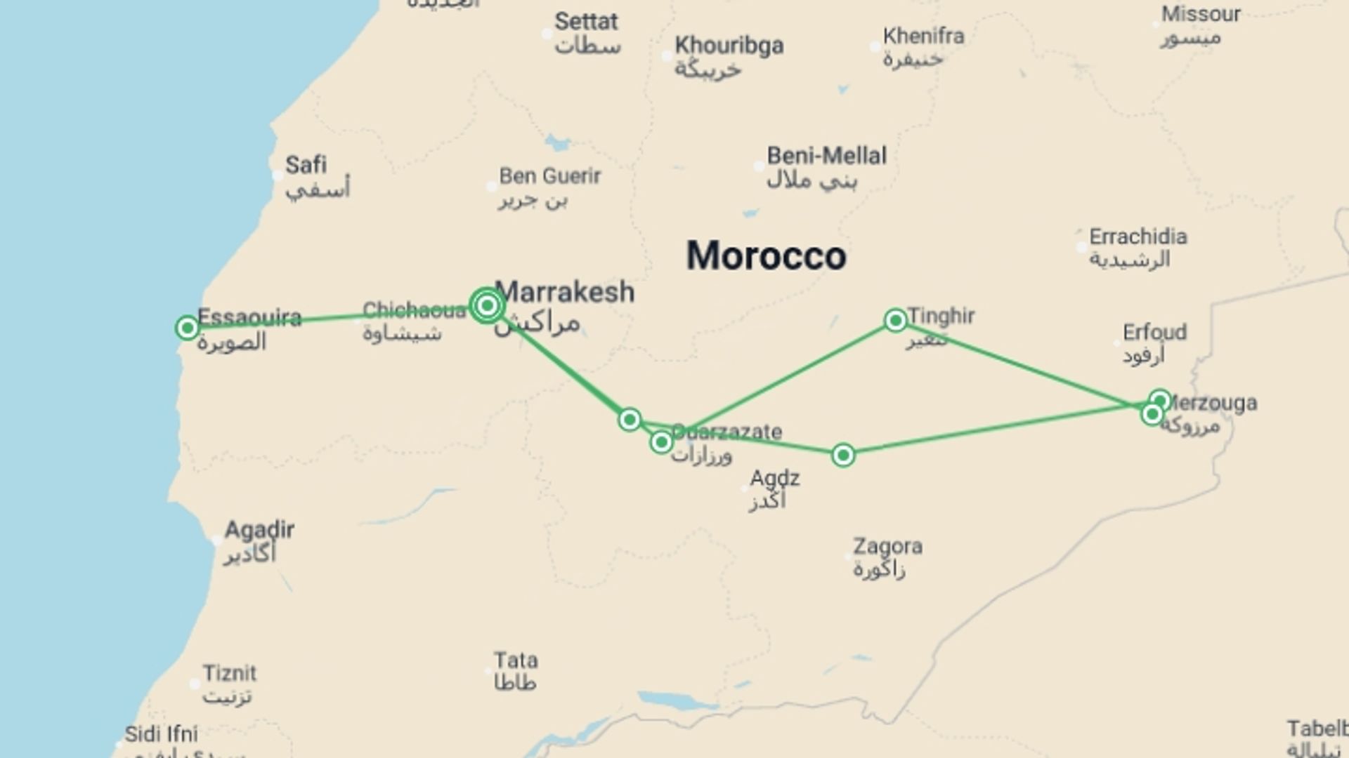 A map showing the tour itinerary for the trip: Morocco Family Adventure & Beach - 12 days, starting in Marrakech, Morocco and ending in Marrakech, Morocco going through 6 other destinations.